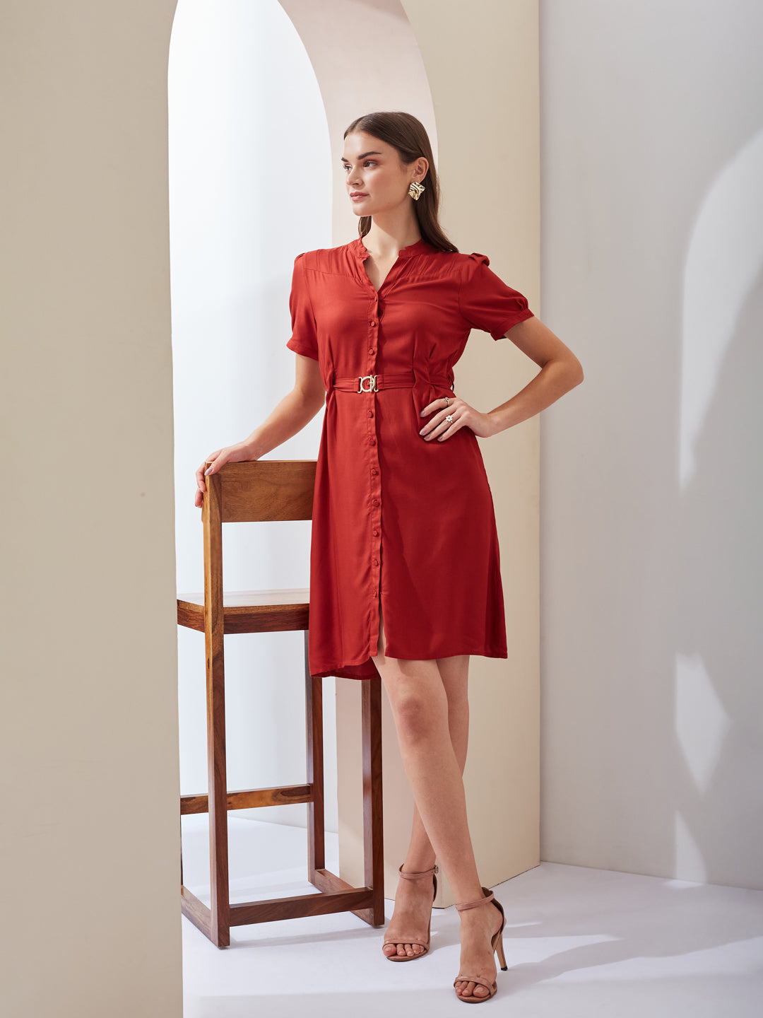 Latin Quarters Women Straight Red Half Sleeve V-Neck Solid Casual Dress