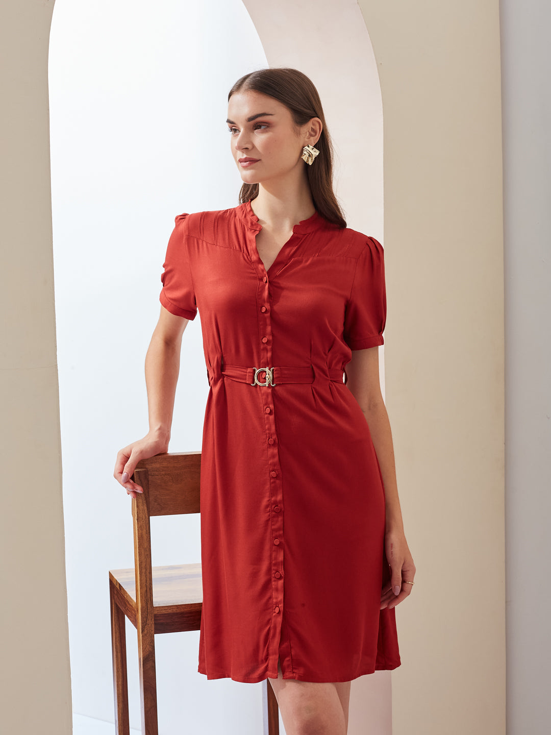Latin Quarters Women Straight Red Half Sleeve V-Neck Solid Casual Dress