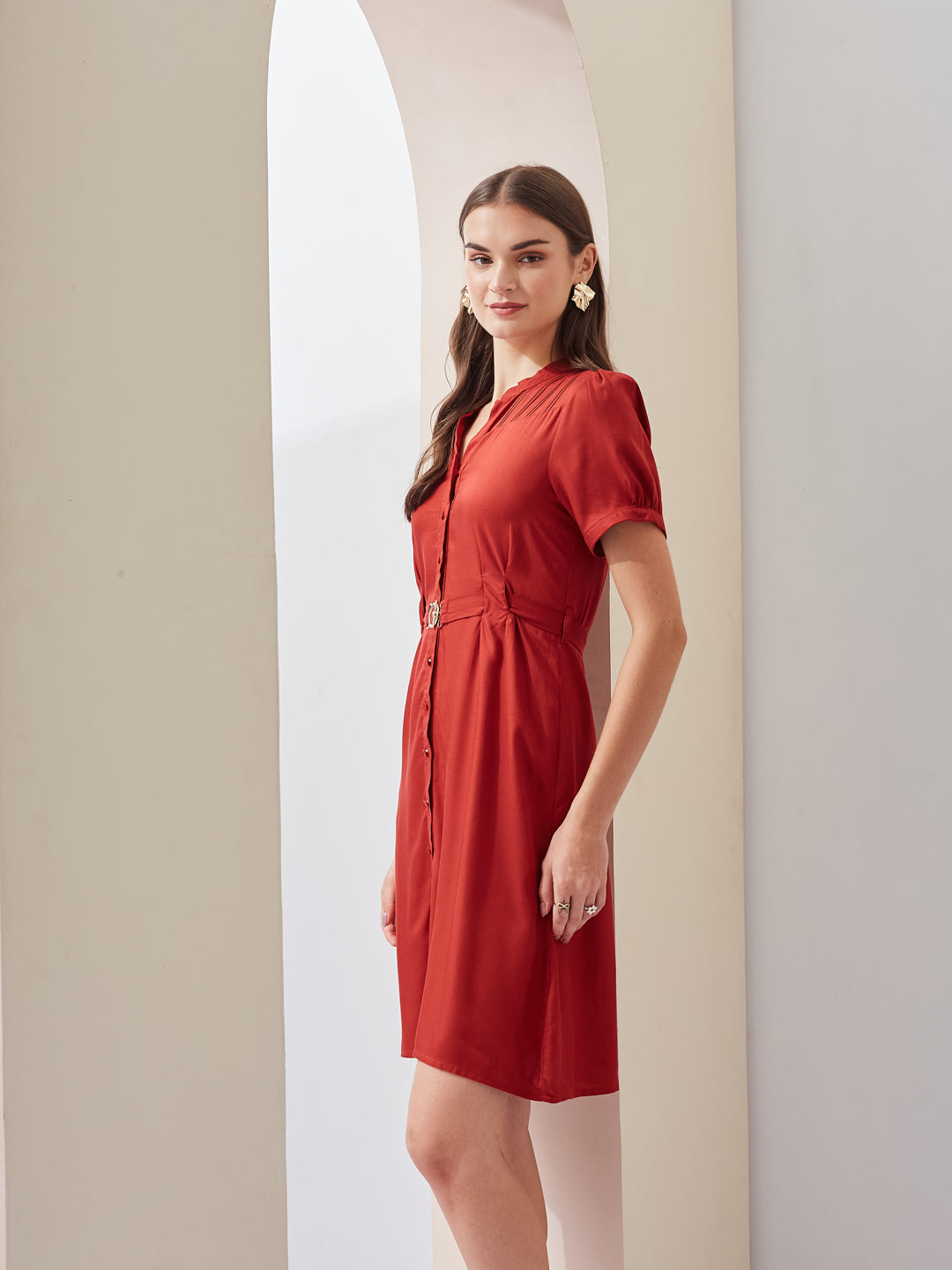 Latin Quarters Women Straight Red Half Sleeve V-Neck Solid Casual Dress