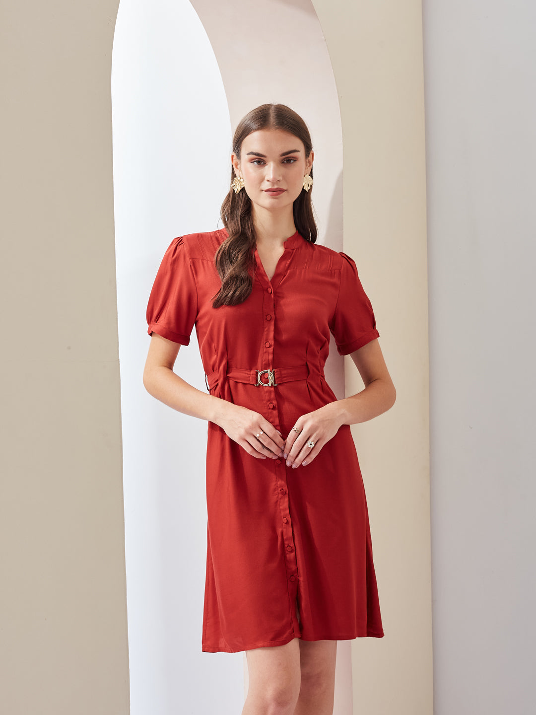 Latin Quarters Women Straight Red Half Sleeve V-Neck Solid Casual Dress