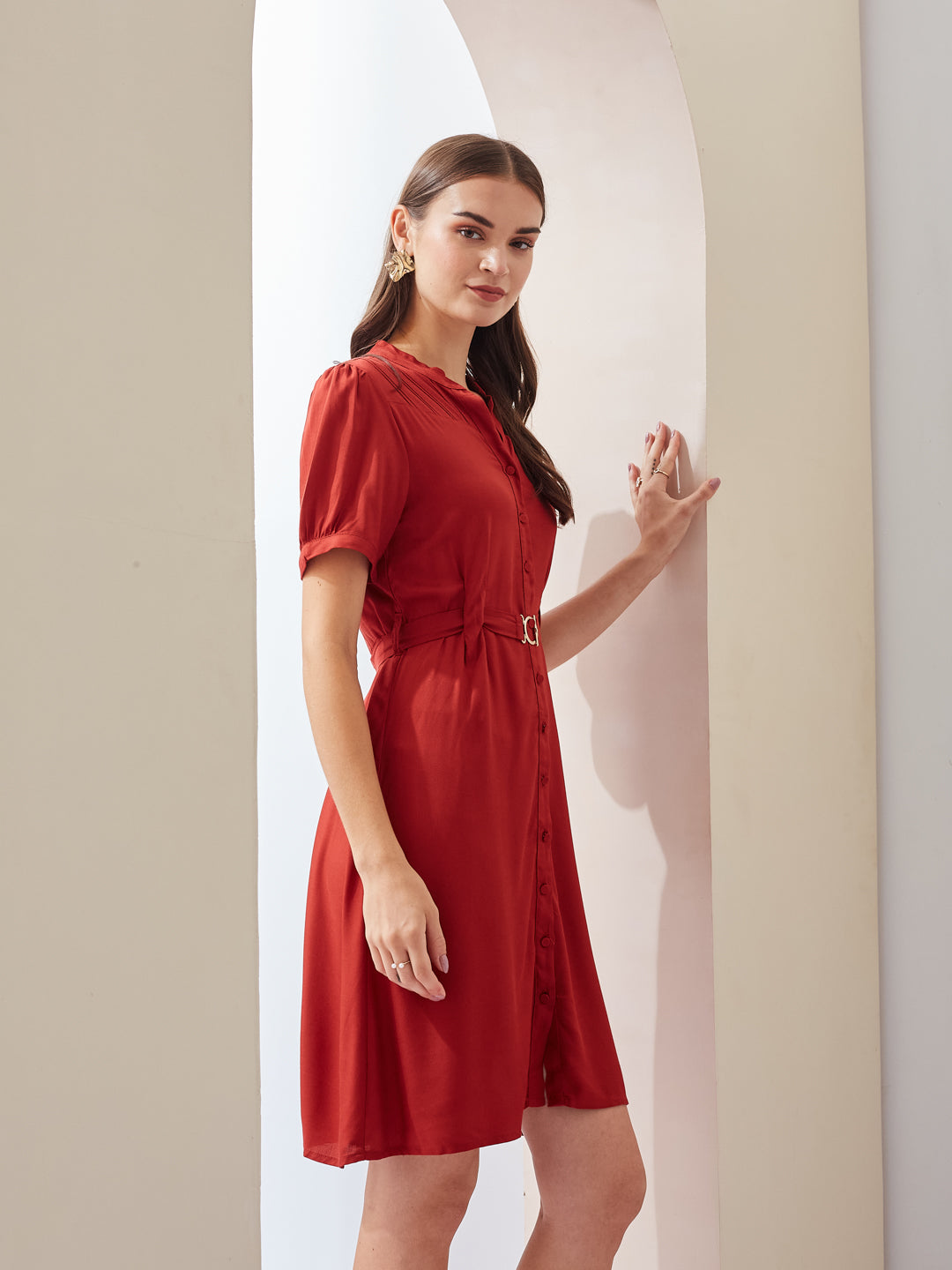Latin Quarters Women Straight Red Half Sleeve V-Neck Solid Casual Dress
