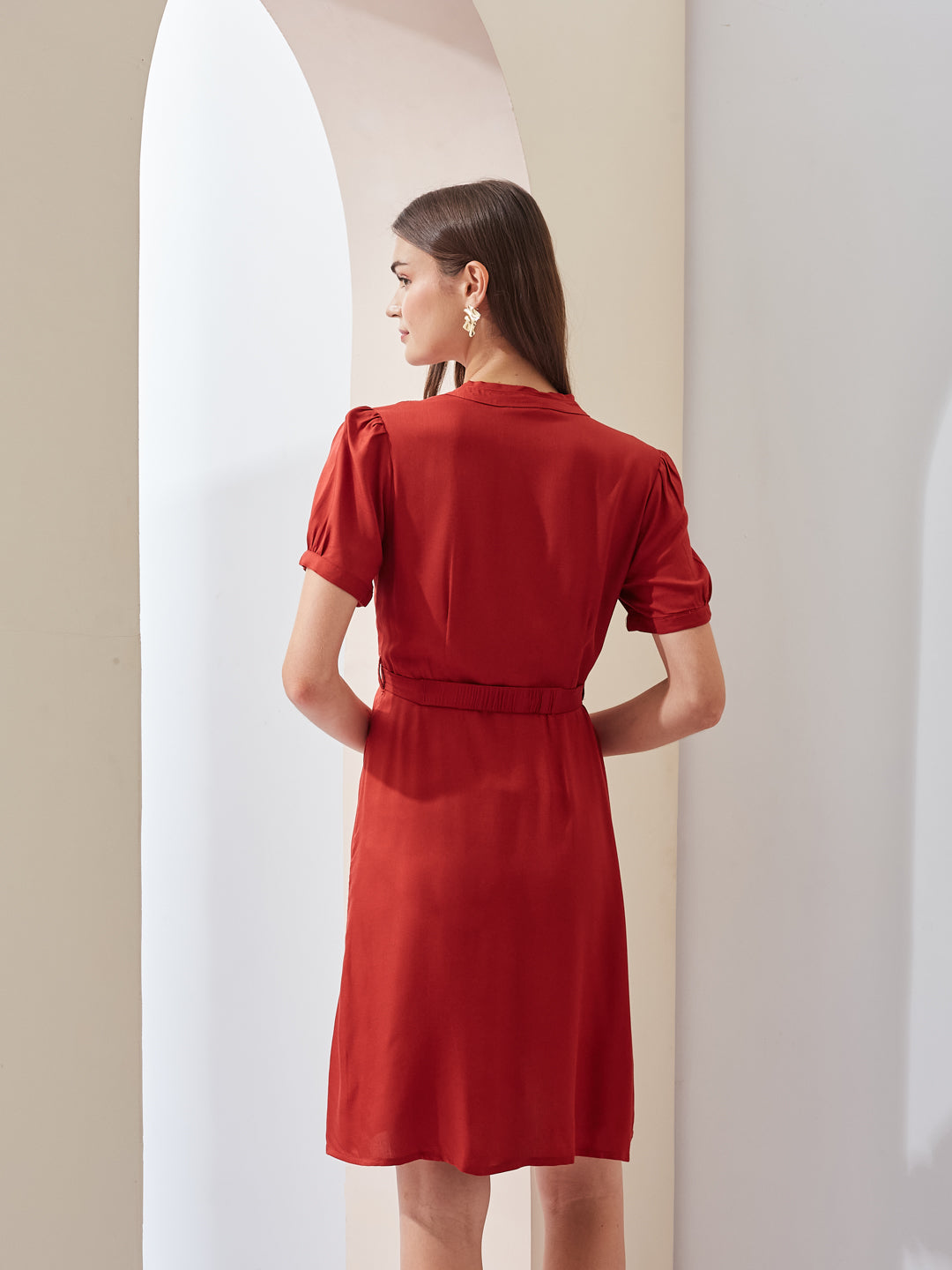 Latin Quarters Women Straight Red Half Sleeve V-Neck Solid Casual Dress