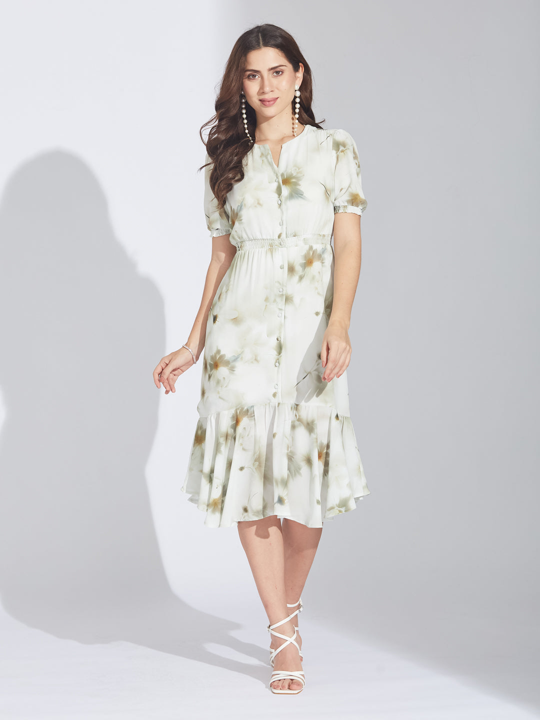 Latin Quarters Women's Green Abstract Print Midi Shirtdress