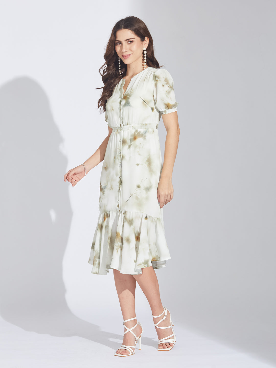 Latin Quarters Women's Green Abstract Print Midi Shirtdress