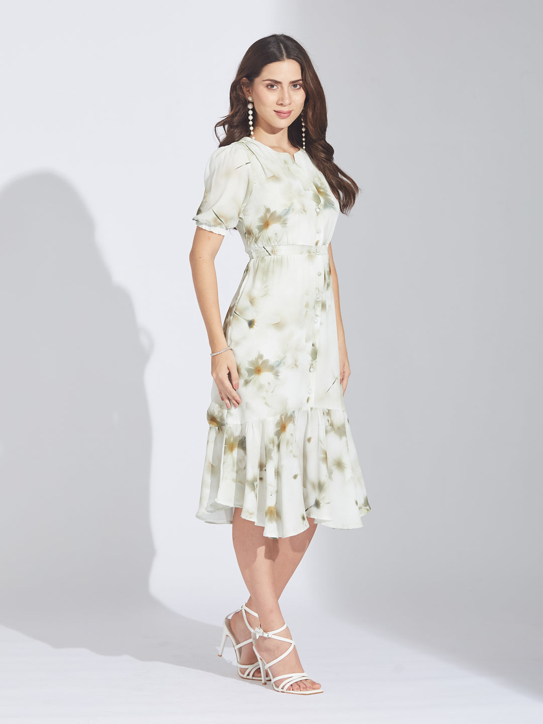 Latin Quarters Women's Green Abstract Print Midi Shirtdress