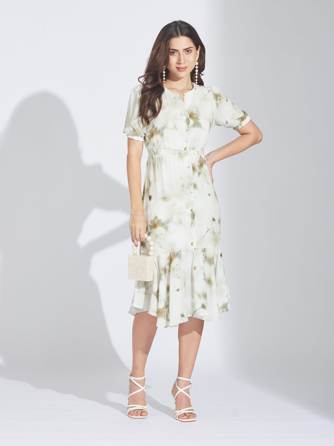 Latin Quarters Women's Green Abstract Print Midi Shirtdress