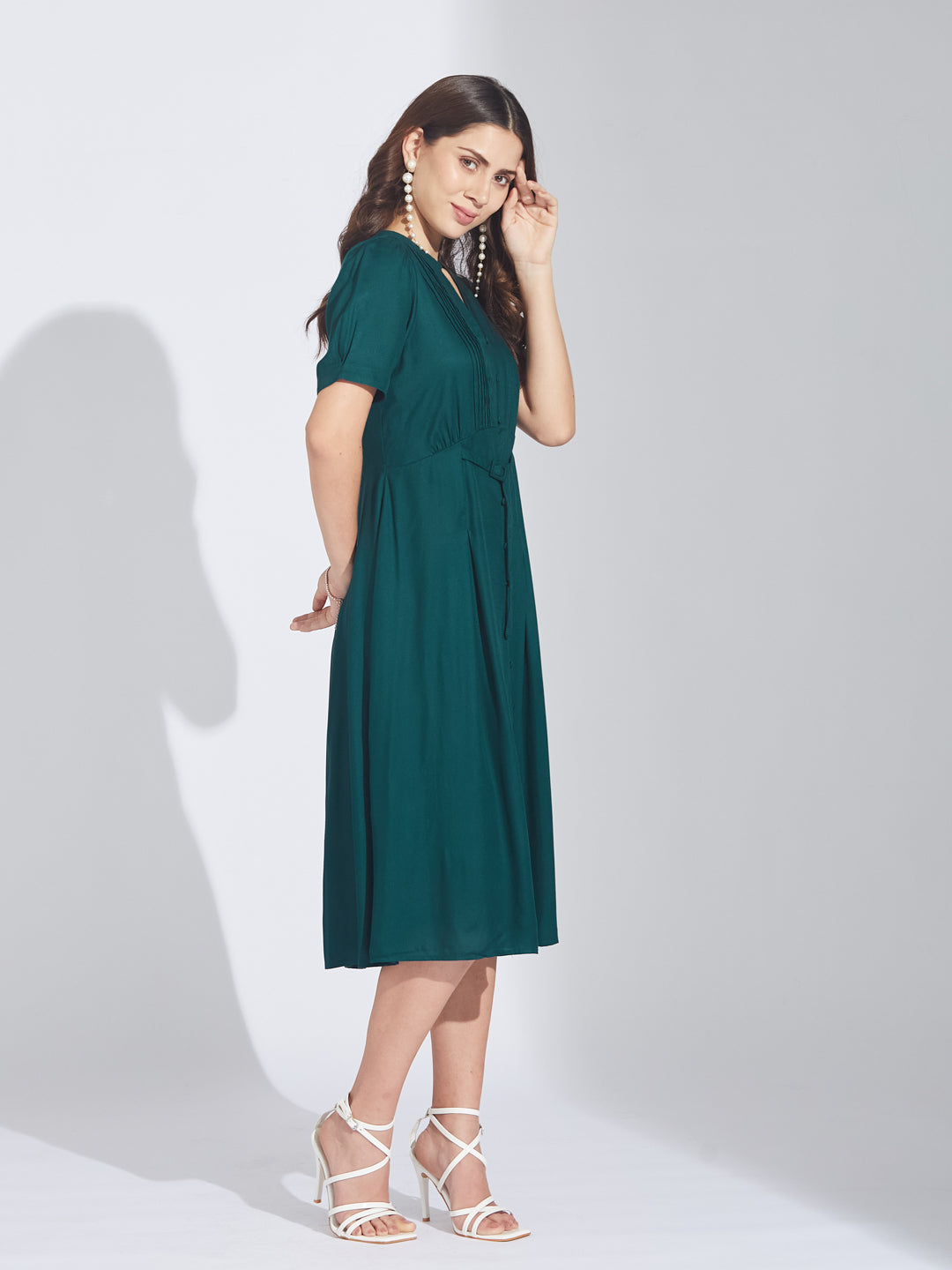 Latin Quarters Women's Green Twill Midi Shirtdress