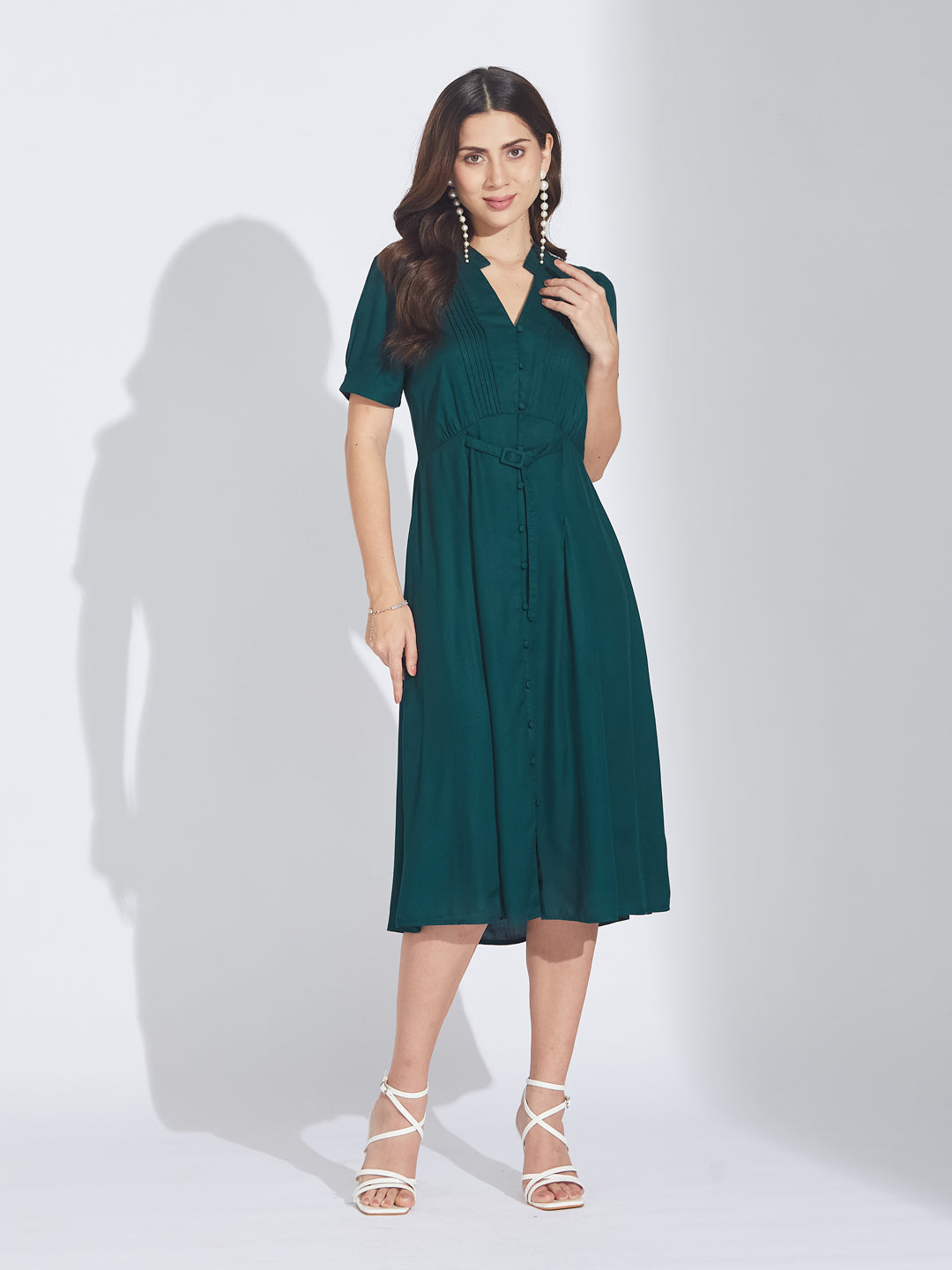 Latin Quarters Women's Green Twill Midi Shirtdress