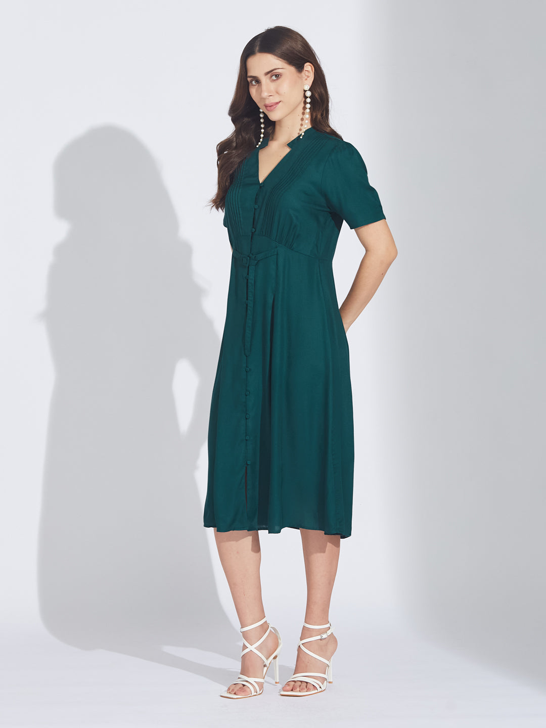 Latin Quarters Women's Green Twill Midi Shirtdress