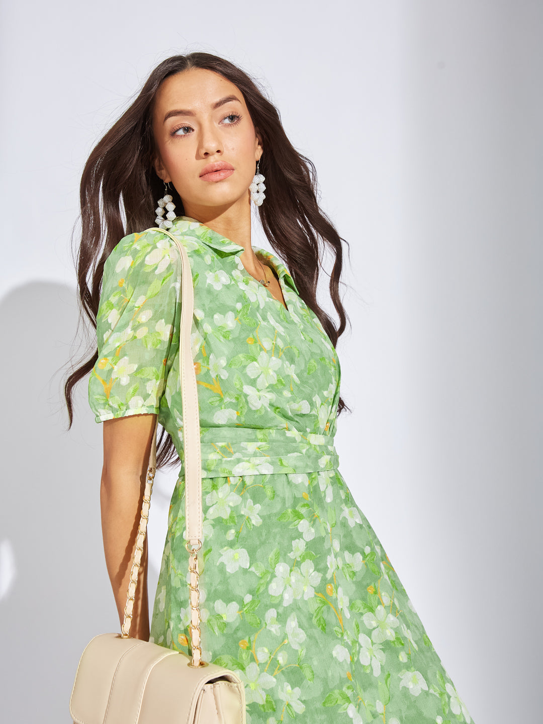 Latin Quarters Women's Green Floral Print Wrap Midi Dress
