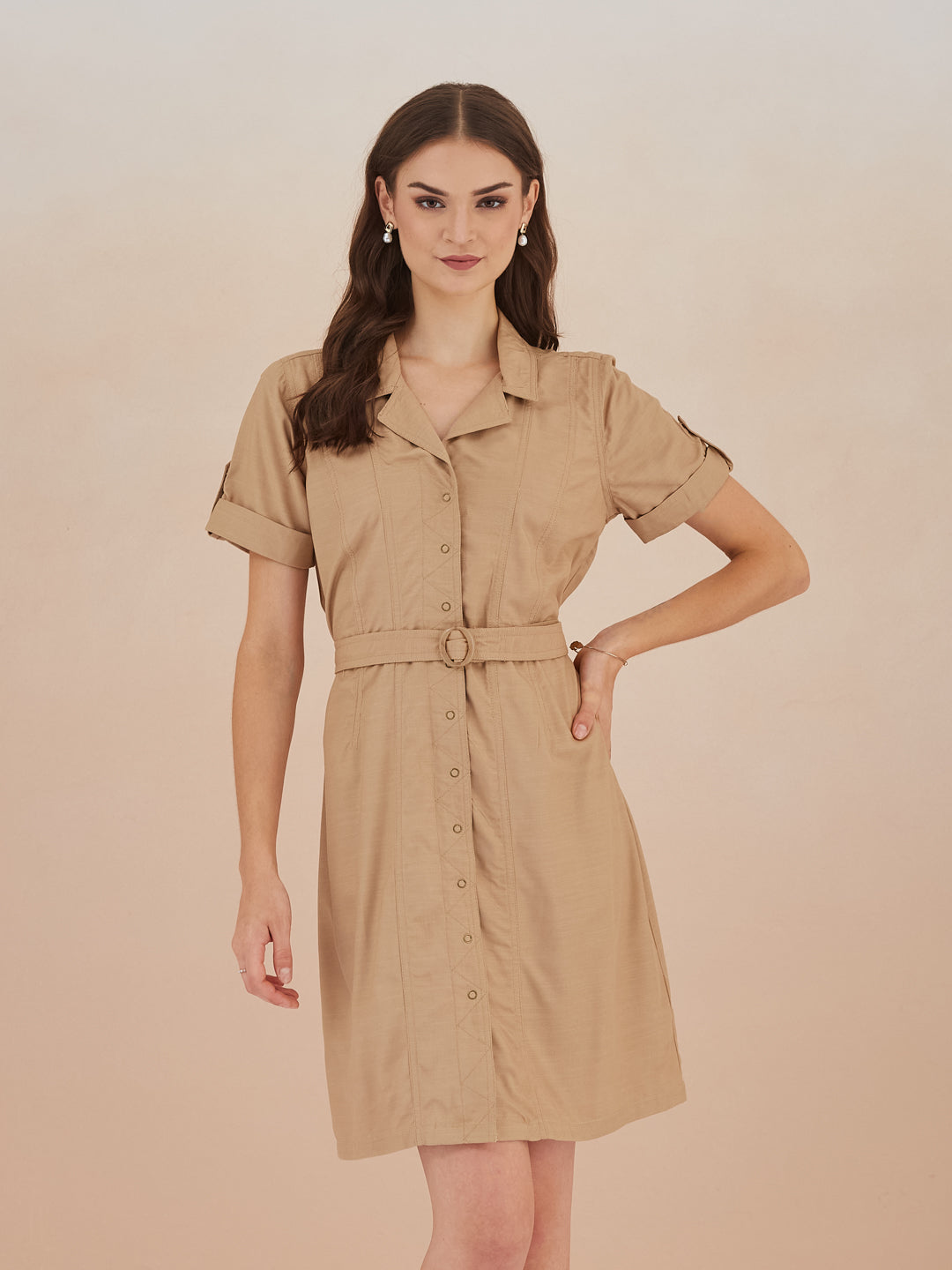 Latin Quarters Women Beige Collared Short Sleeve A-Line Shirt Dress For Casual Wear