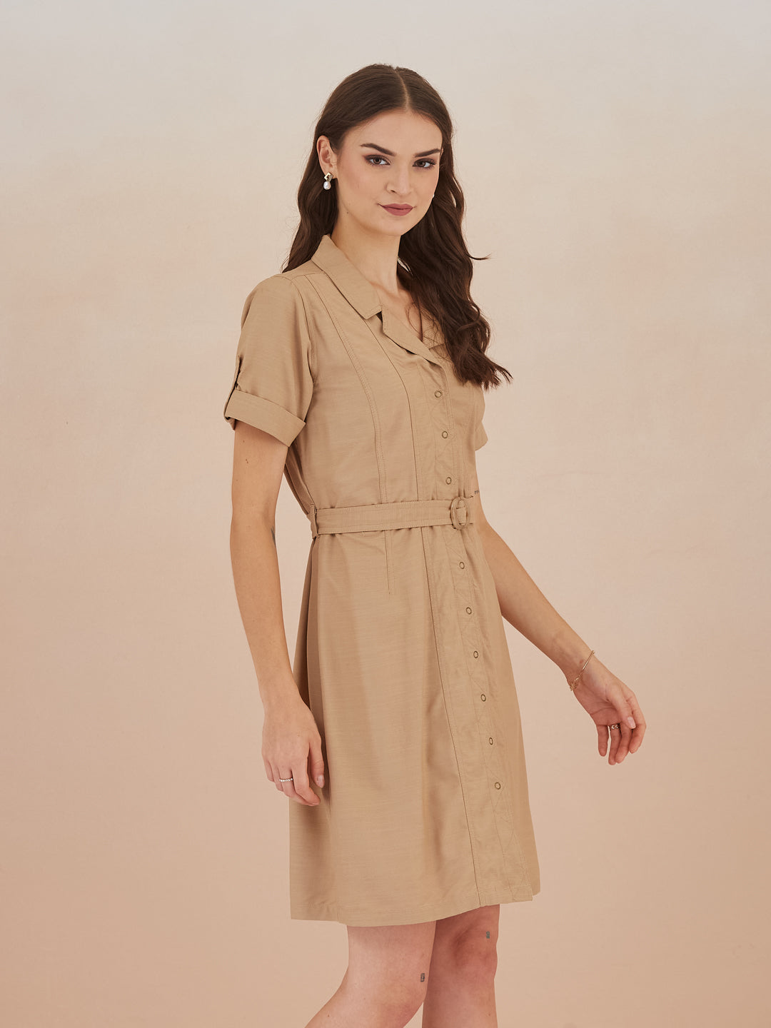 Latin Quarters Women Beige Collared Short Sleeve A-Line Shirt Dress For Casual Wear