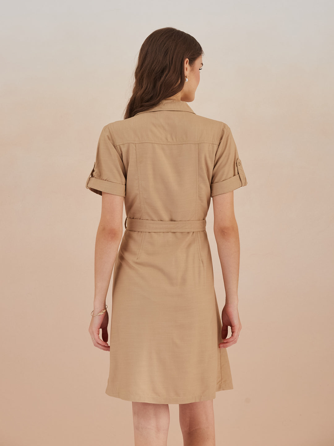 Latin Quarters Women Beige Collared Short Sleeve A-Line Shirt Dress For Casual Wear