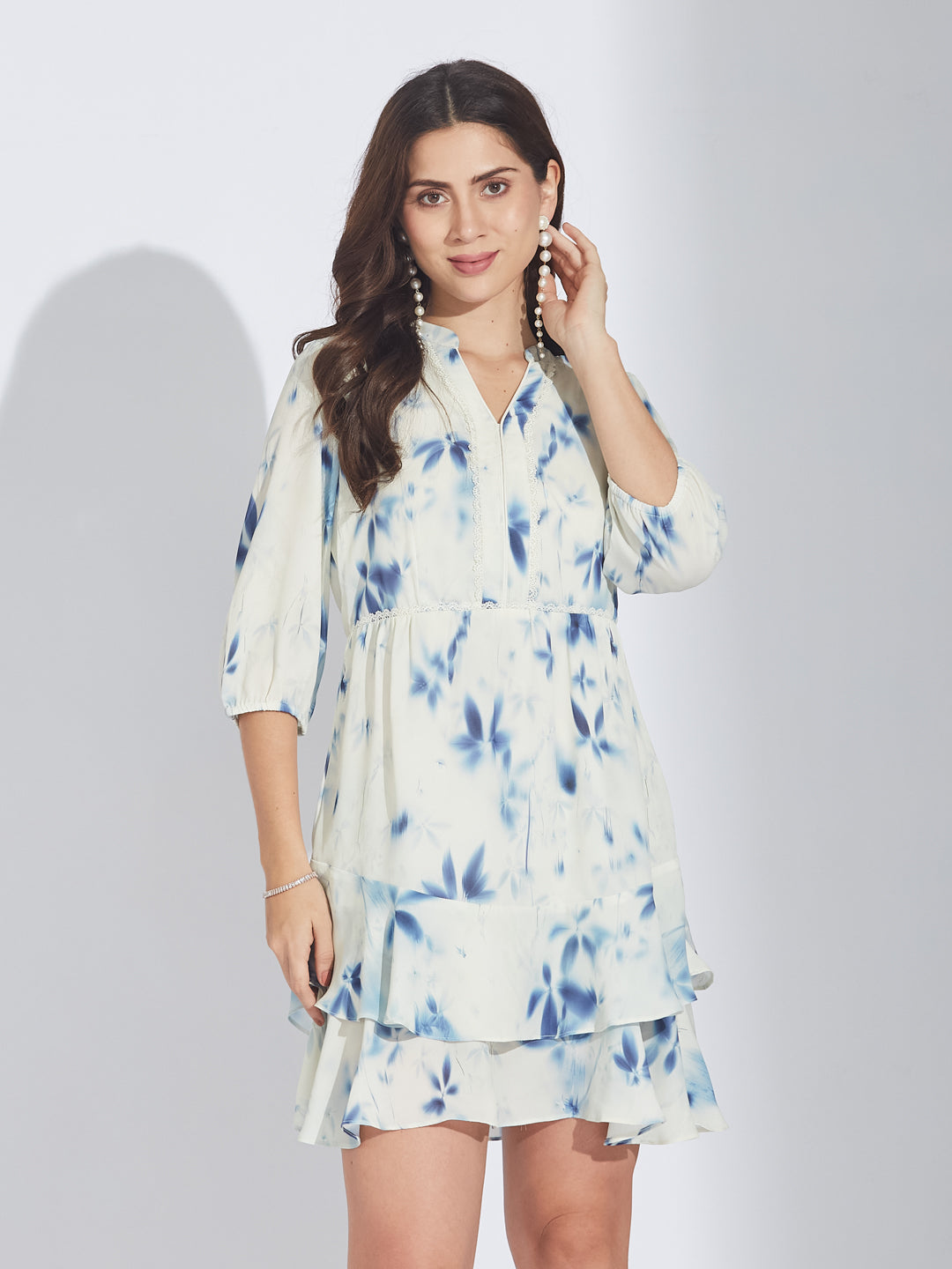 Latin Quarters Women's Blue Tie-Dye Abstract Print A-Line Mini Dress