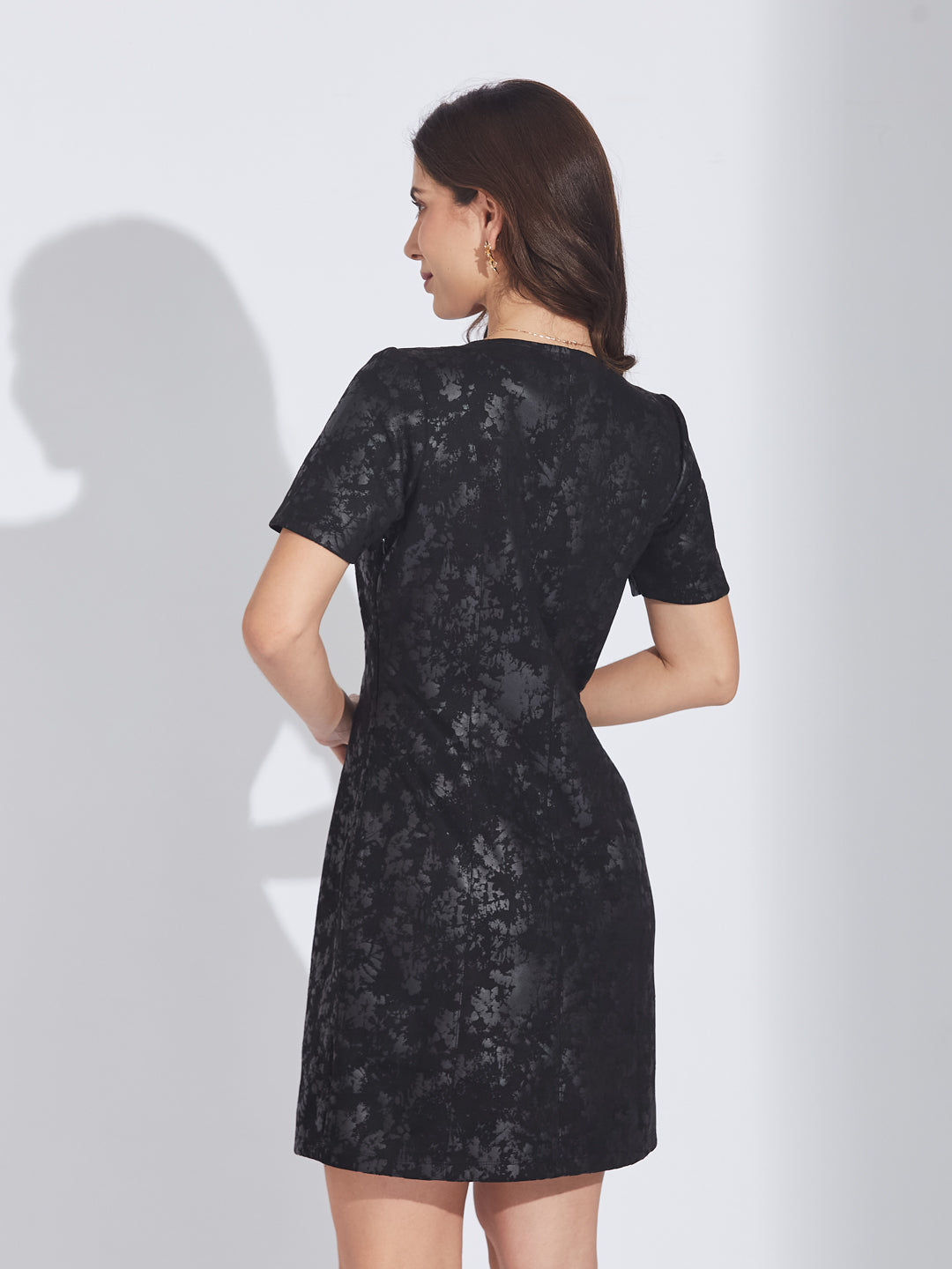 Latin Quarters Women's Black Suede Foil Print A-line Mini Dress