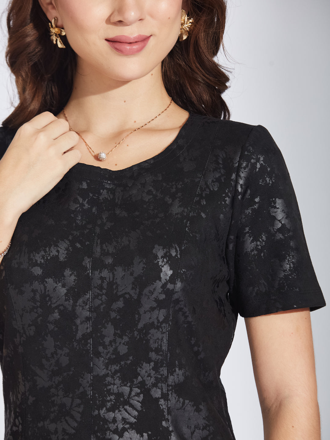 Latin Quarters Women's Black Suede Foil Print A-line Mini Dress