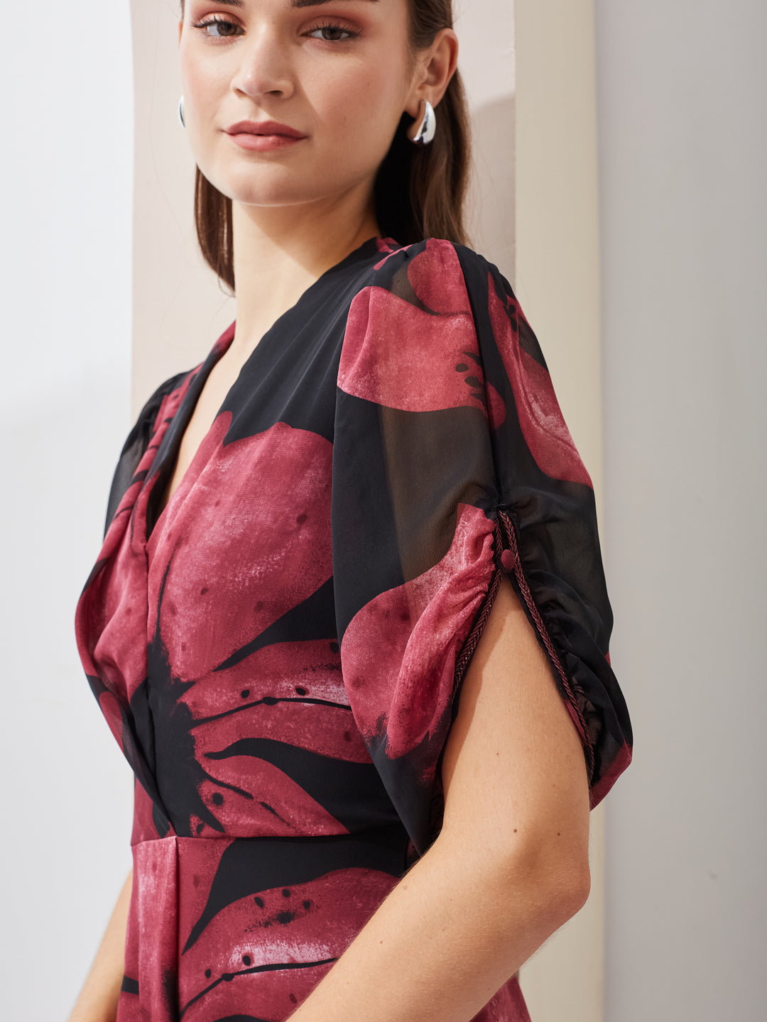 Latin Quarters Women Black Floral Printed V-Neck Short Sleeves Casual A-Line Maxi Dress