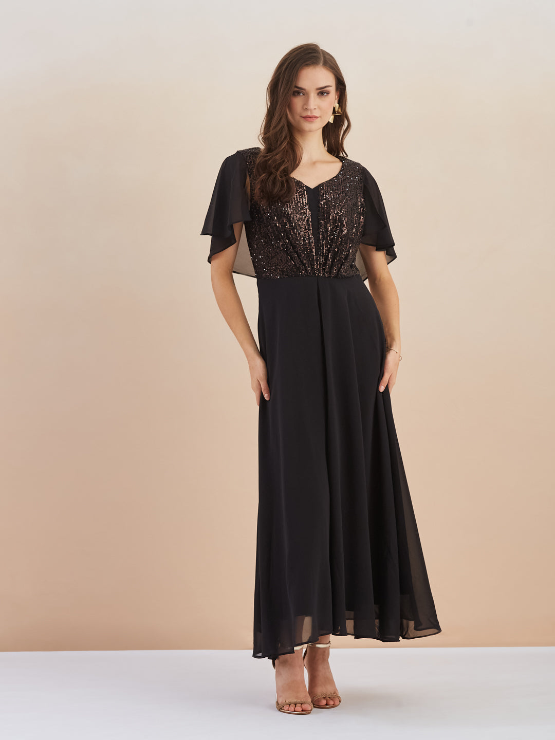 Latin Quarters Women Black Sequin Flutter Sleeve Flared Maxi Dress for Evening Wear