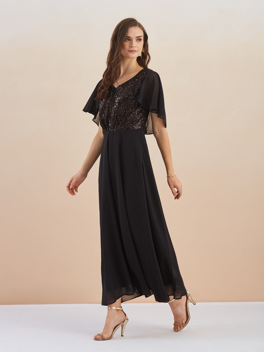 Latin Quarters Women Black Sequin Flutter Sleeve Flared Maxi Dress for Evening Wear