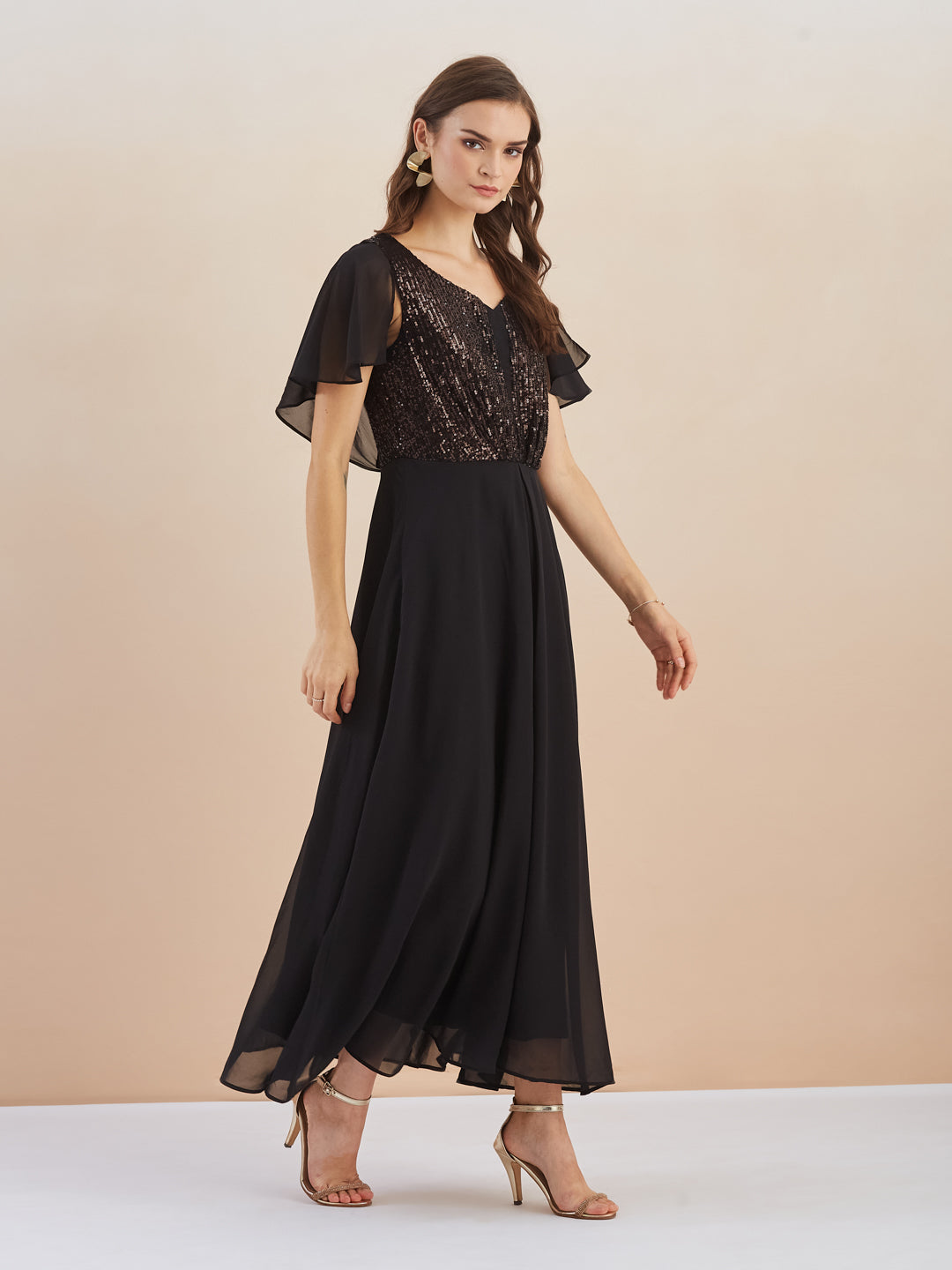 Latin Quarters Women Black Sequin Flutter Sleeve Flared Maxi Dress for Evening Wear