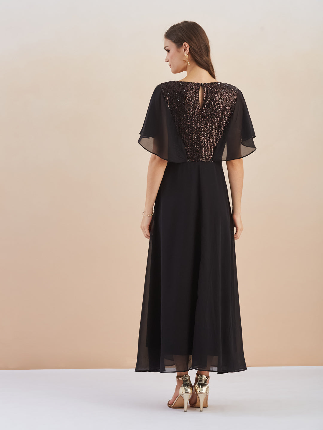 Latin Quarters Women Black Sequin Flutter Sleeve Flared Maxi Dress for Evening Wear
