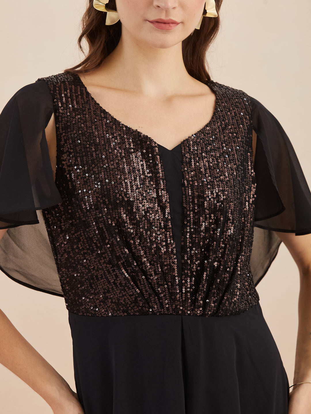 Latin Quarters Women Black Sequin Flutter Sleeve Flared Maxi Dress for Evening Wear