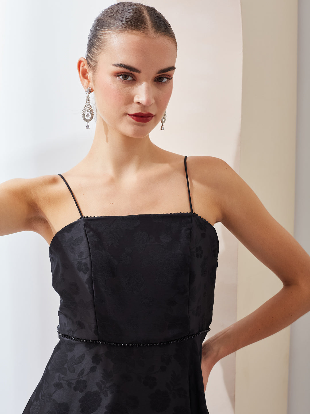 Latin Quarters Women Black Floral Printed Strappy Party A-Line Midi Dress