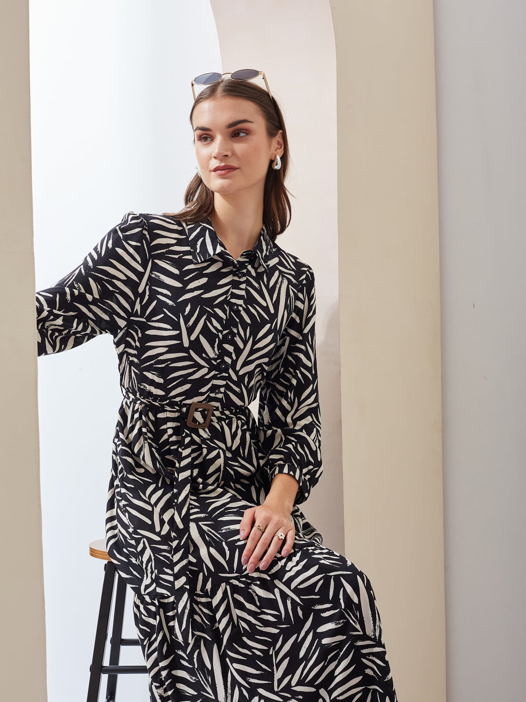 Latin Quarters Women A-Line Black 3/4Th Sleeves Collared Printed Casual Dress