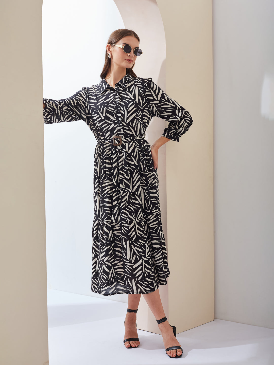 Latin Quarters Women A-Line Black 3/4Th Sleeves Collared Printed Casual Dress
