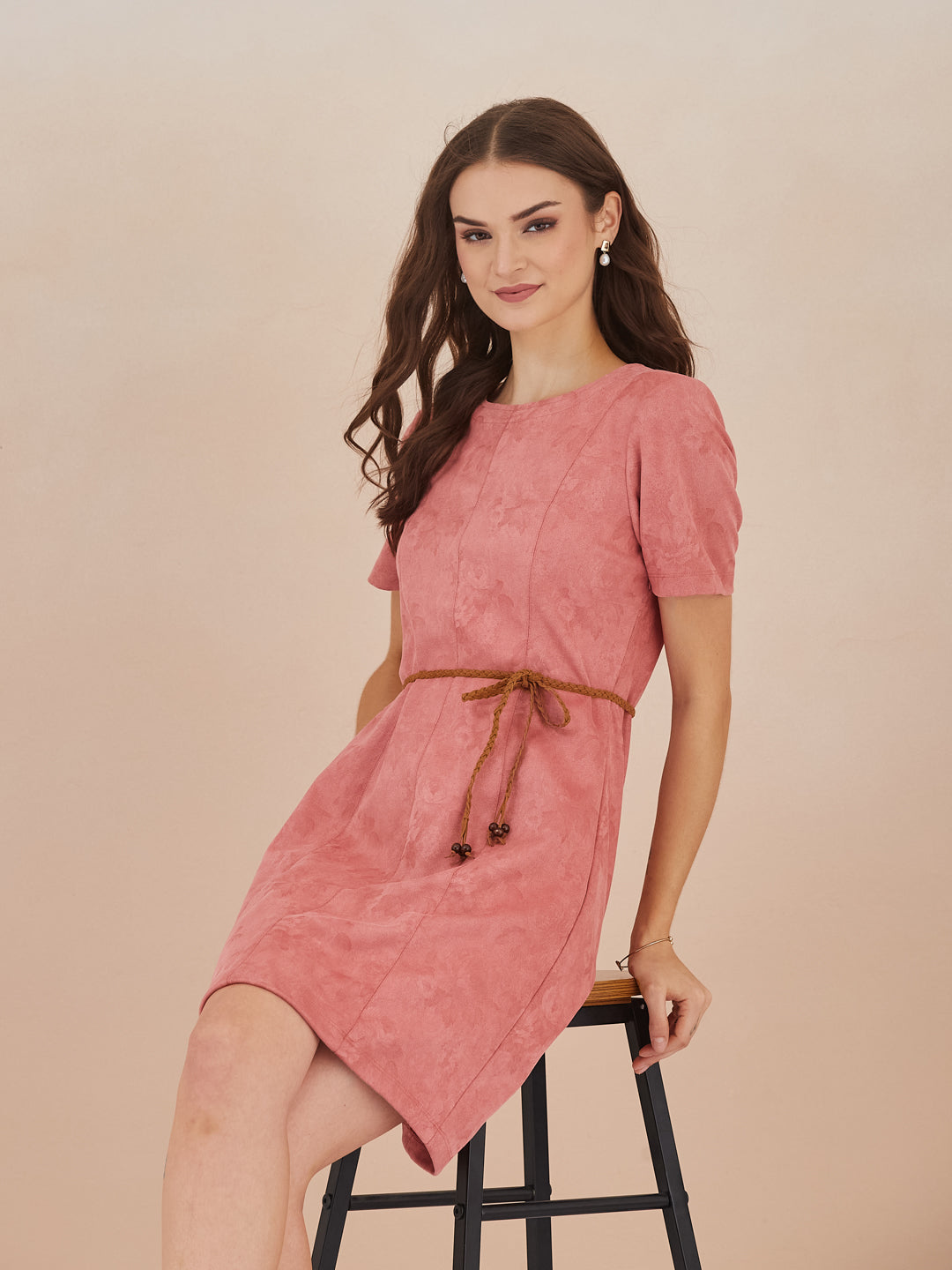 Latin Quarters Women Pink Round Neck Short Sleeve Solid Mini Dress For Casual Wear