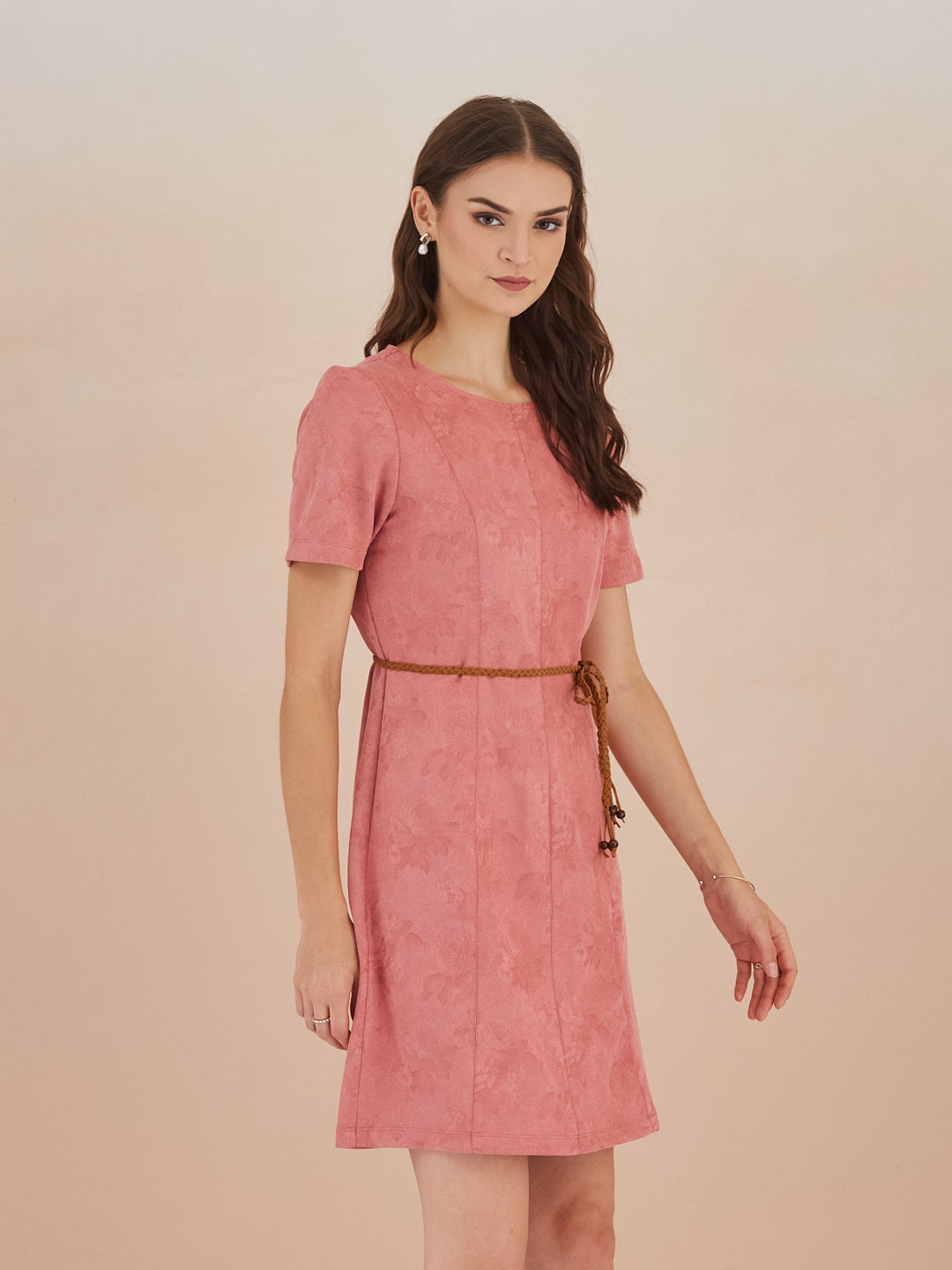 Latin Quarters Women Pink Round Neck Short Sleeve Solid Mini Dress For Casual Wear