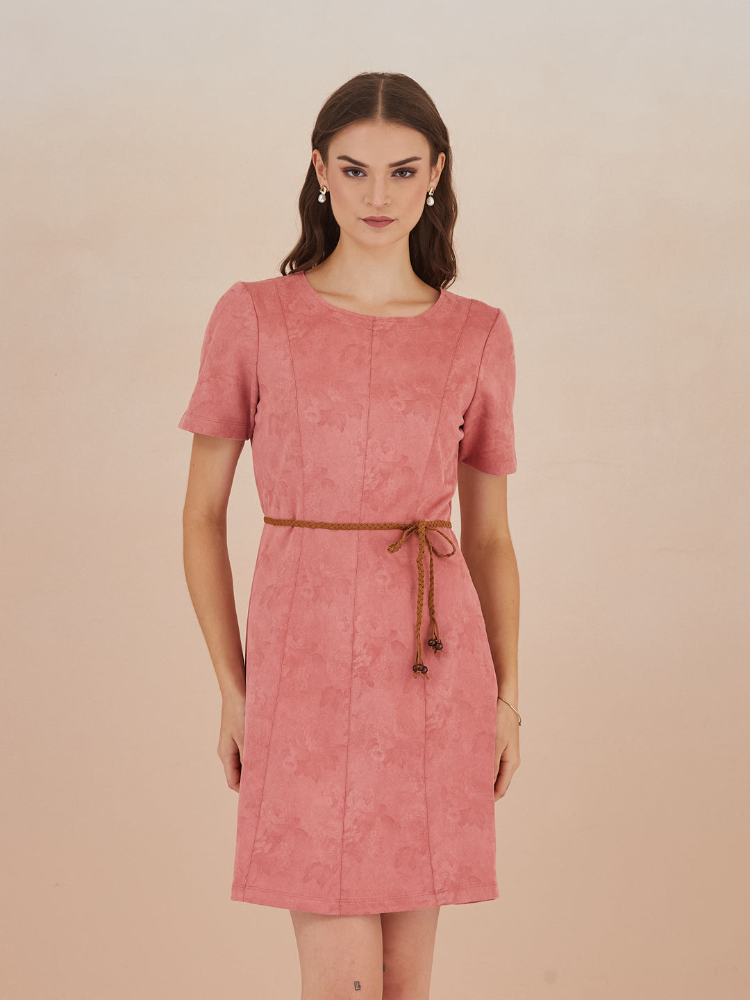 Latin Quarters Women Pink Round Neck Short Sleeve Solid Mini Dress For Casual Wear