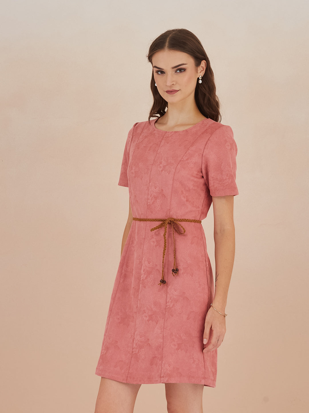 Latin Quarters Women Pink Round Neck Short Sleeve Solid Mini Dress For Casual Wear
