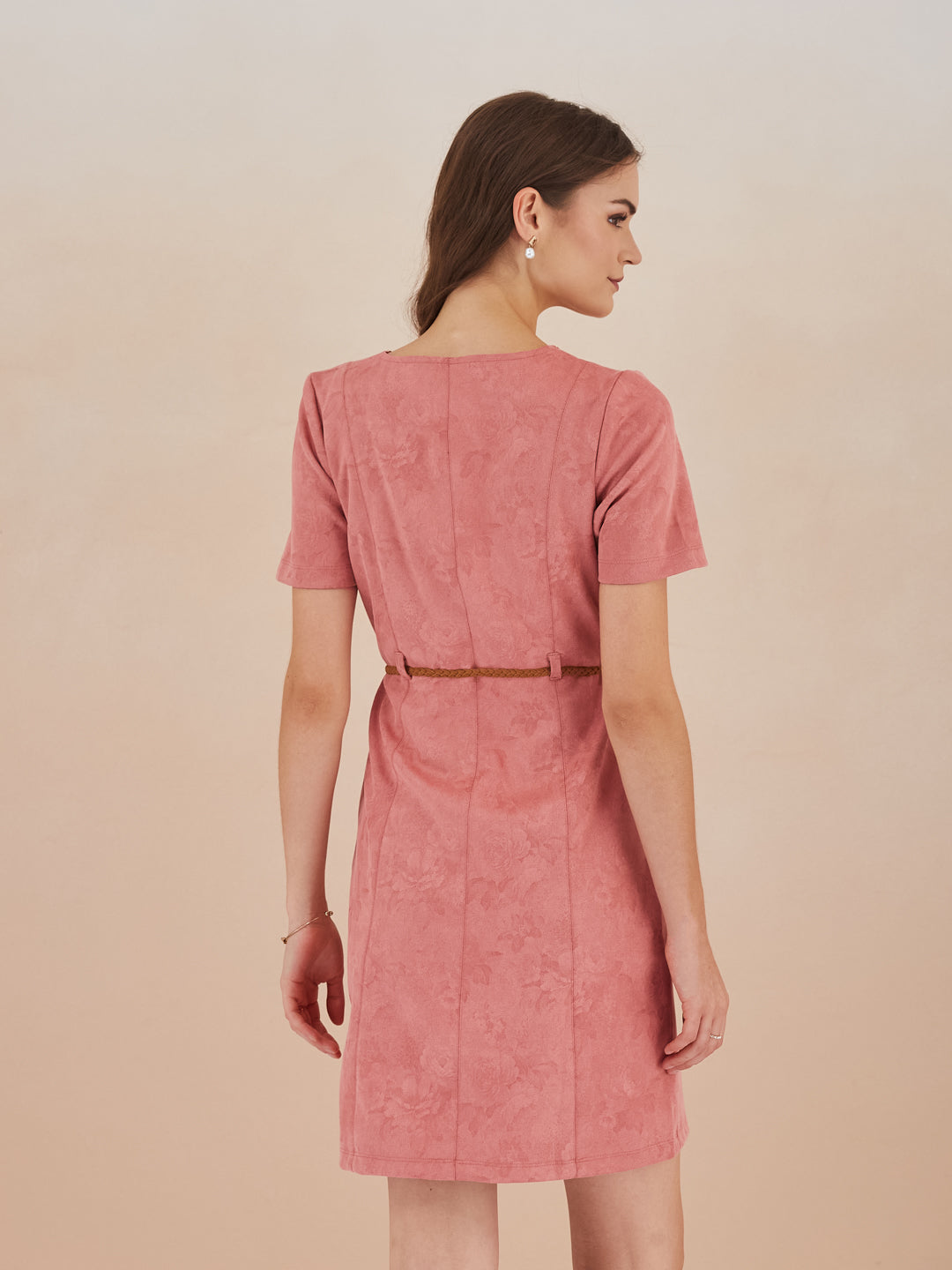 Latin Quarters Women Pink Round Neck Short Sleeve Solid Mini Dress For Casual Wear