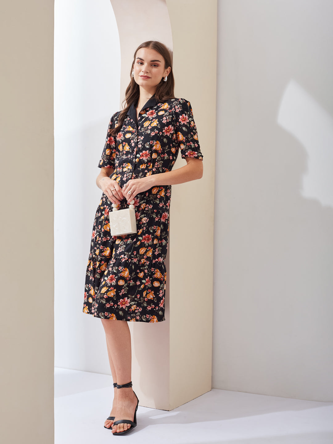 Latin Quarters Women Black Printed Collared Short Sleeve Casual Midi Shirt Dress