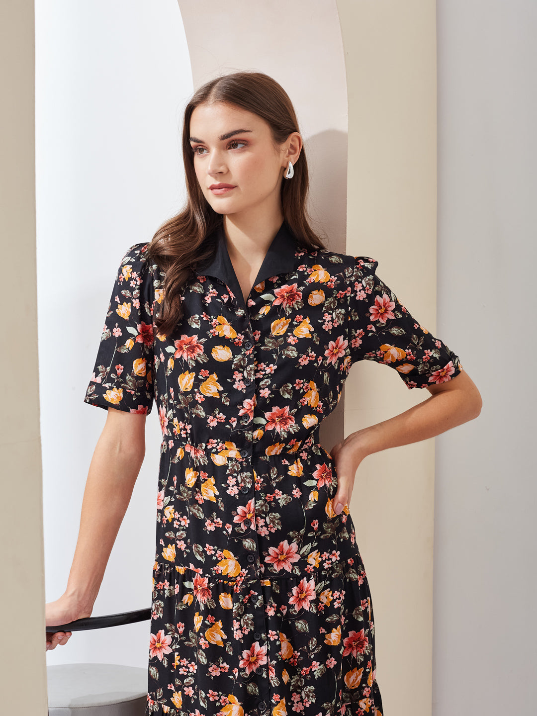 Latin Quarters Women Black Printed Collared Short Sleeve Casual Midi Shirt Dress