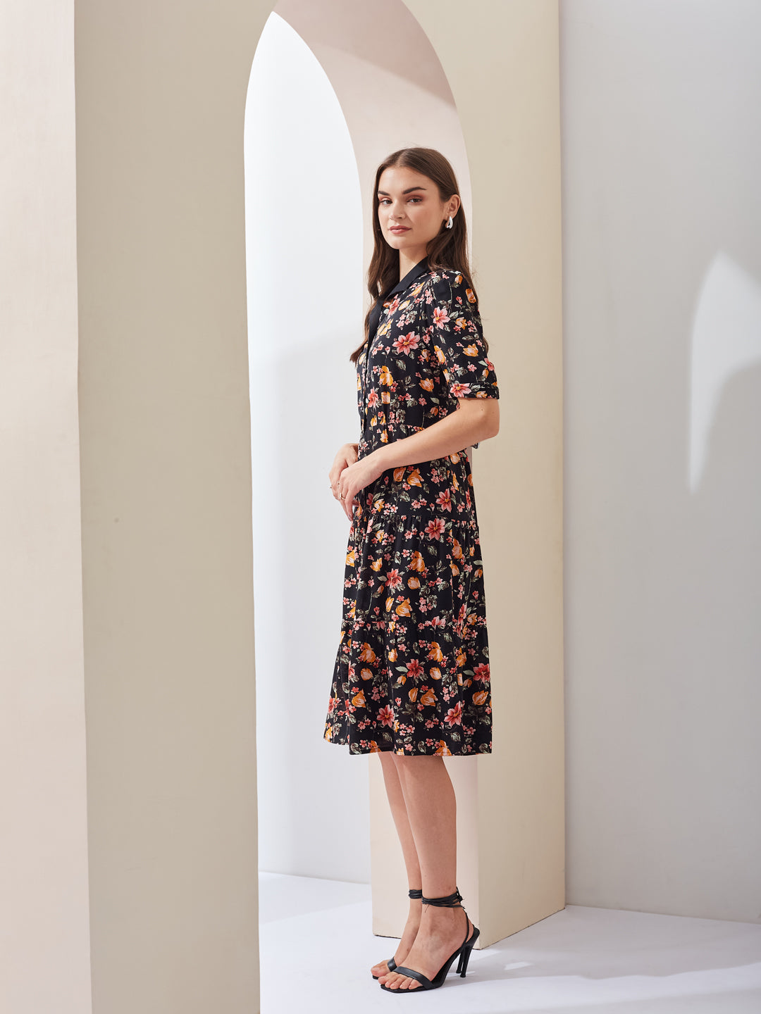 Latin Quarters Women Black Printed Collared Short Sleeve Casual Midi Shirt Dress