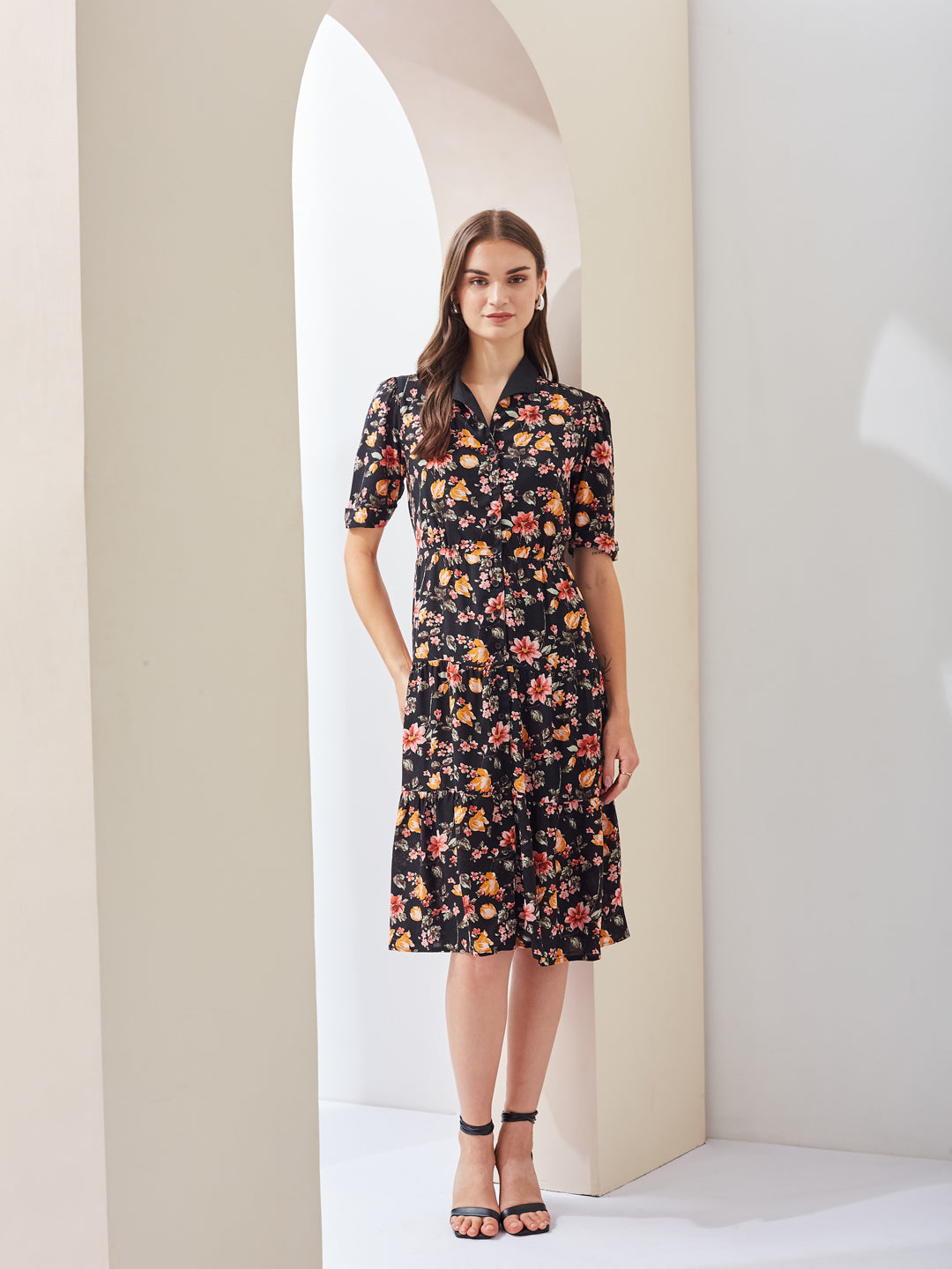 Latin Quarters Women Black Printed Collared Short Sleeve Casual Midi Shirt Dress