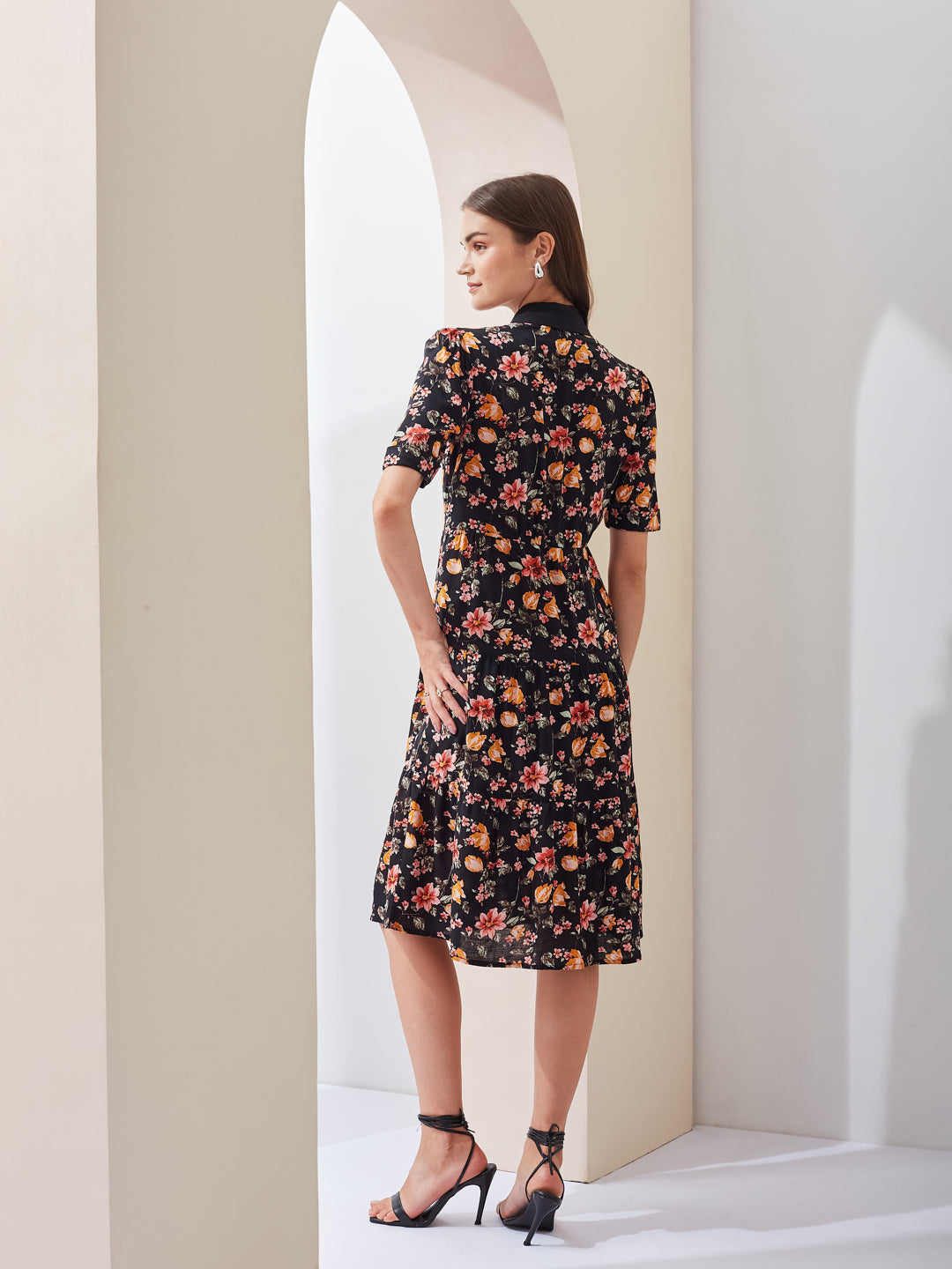 Latin Quarters Women Black Printed Collared Short Sleeve Casual Midi Shirt Dress