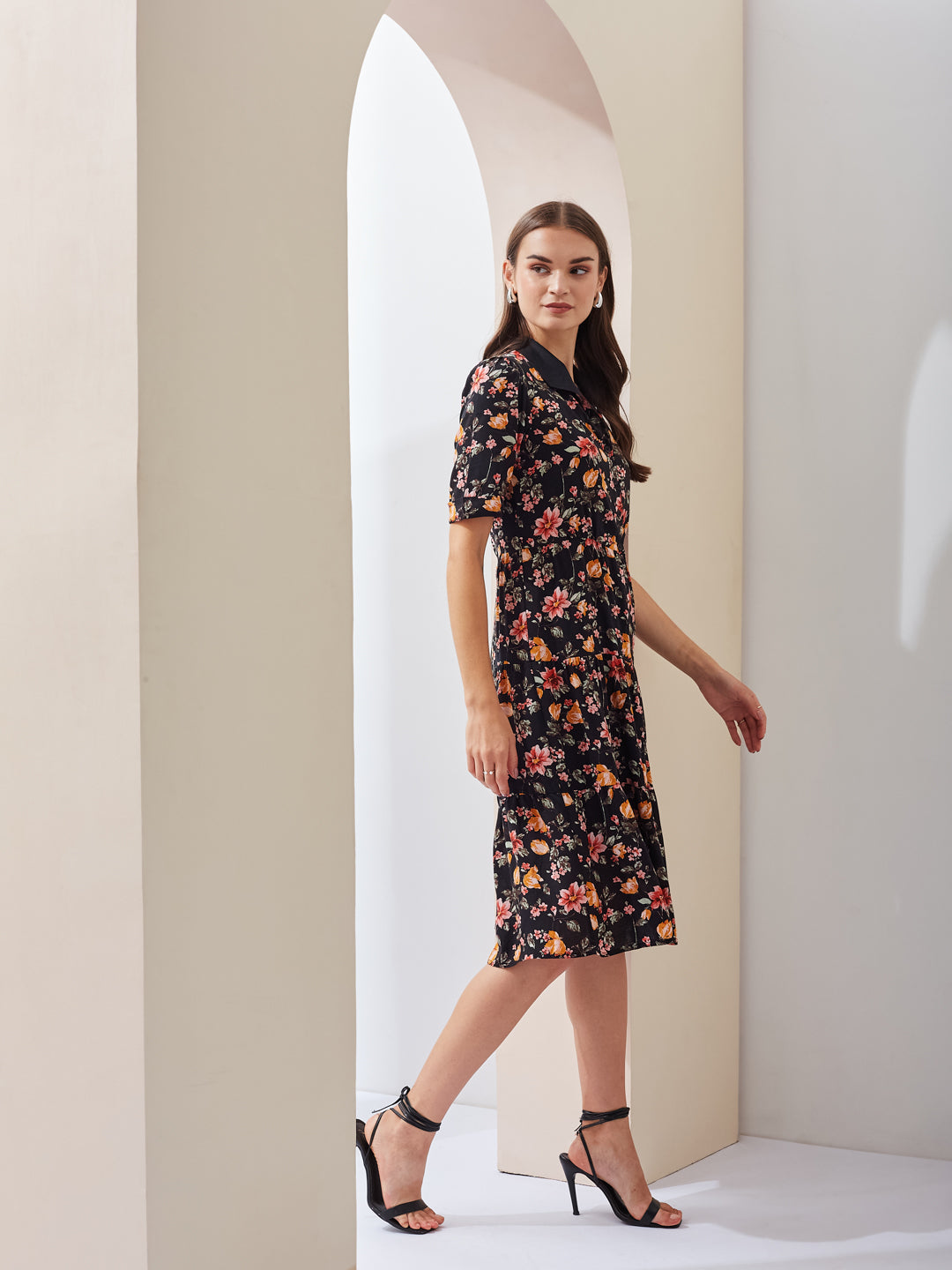 Latin Quarters Women Black Printed Collared Short Sleeve Casual Midi Shirt Dress