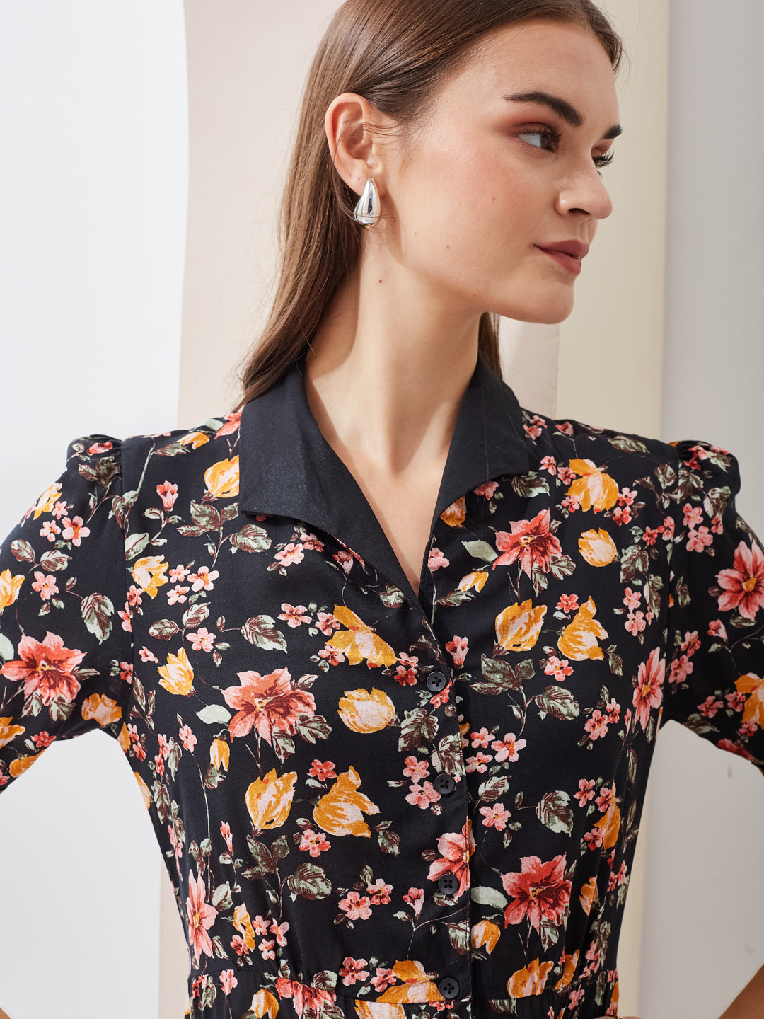 Latin Quarters Women Black Printed Collared Short Sleeve Casual Midi Shirt Dress