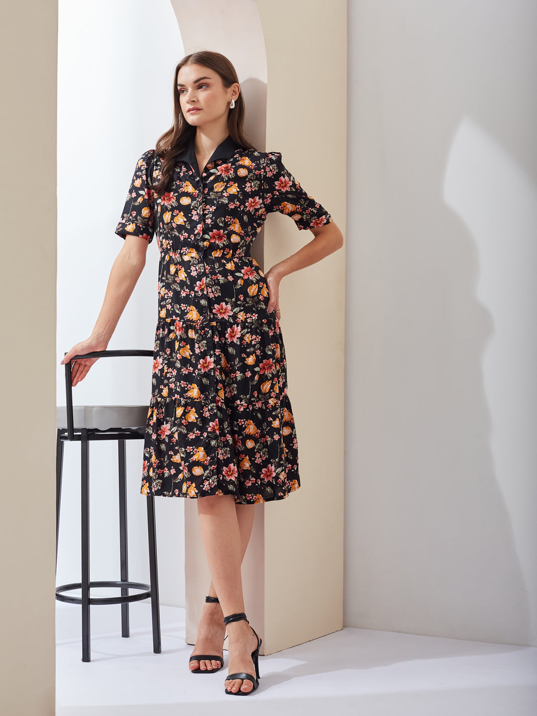 Latin Quarters Women Black Printed Collared Short Sleeve Casual Midi Shirt Dress