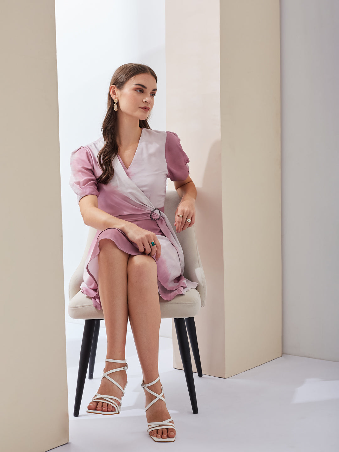 Latin Quarters Women Pink Tie-Dye V-Neck Short Sleeves Wrap Casual Mini Dress