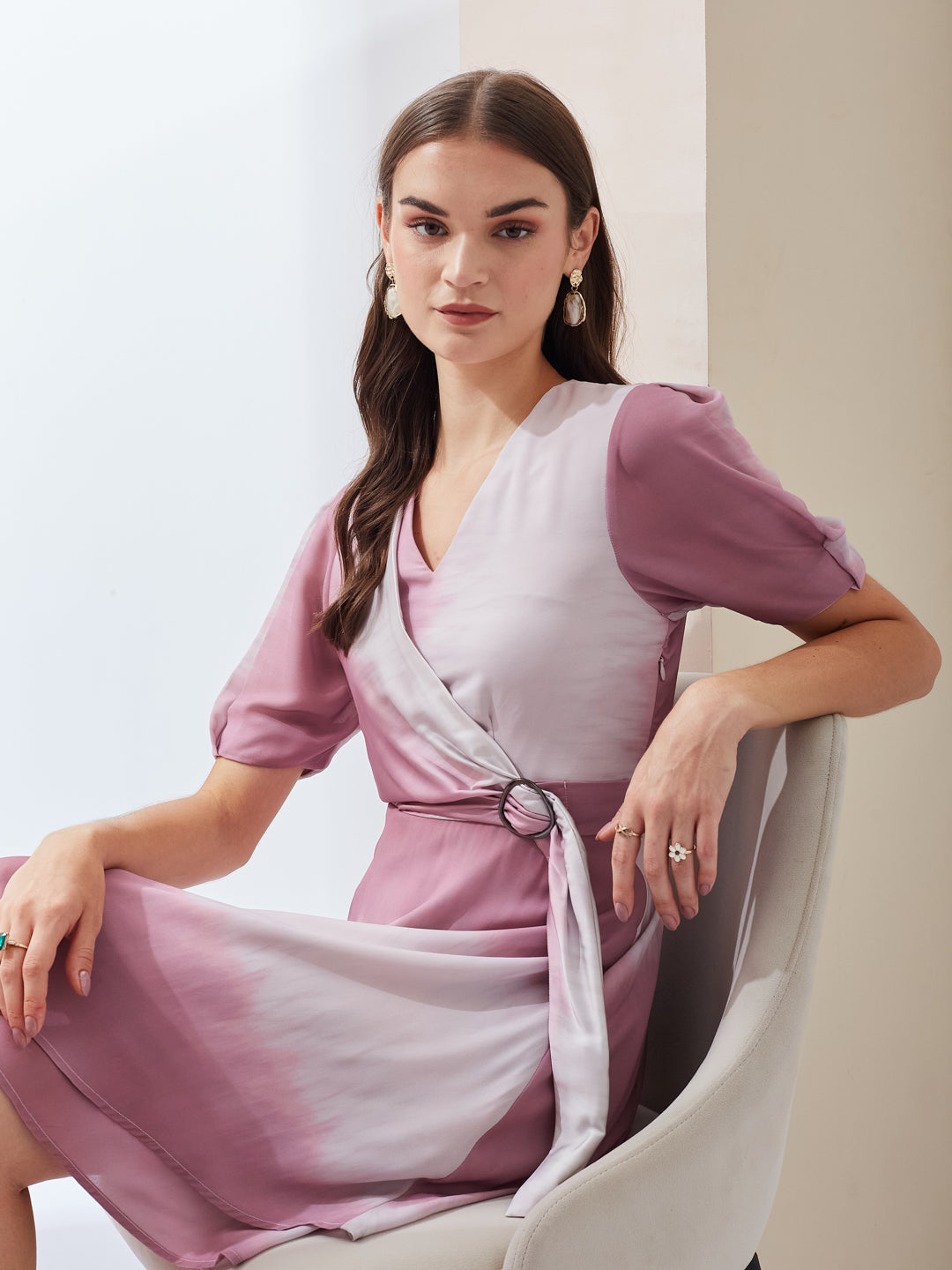 Latin Quarters Women Pink Tie-Dye V-Neck Short Sleeves Wrap Casual Mini Dress