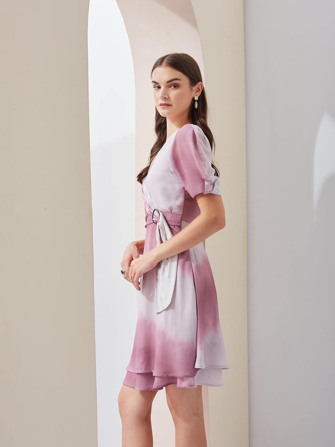 Latin Quarters Women Pink Tie-Dye V-Neck Short Sleeves Wrap Casual Mini Dress