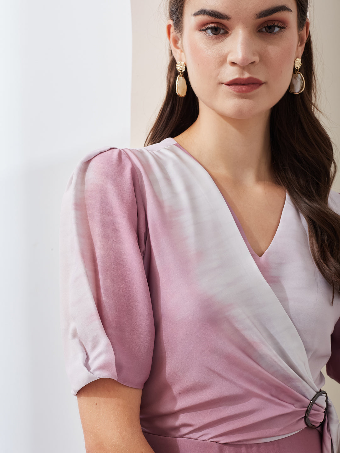 Latin Quarters Women Pink Tie-Dye V-Neck Short Sleeves Wrap Casual Mini Dress