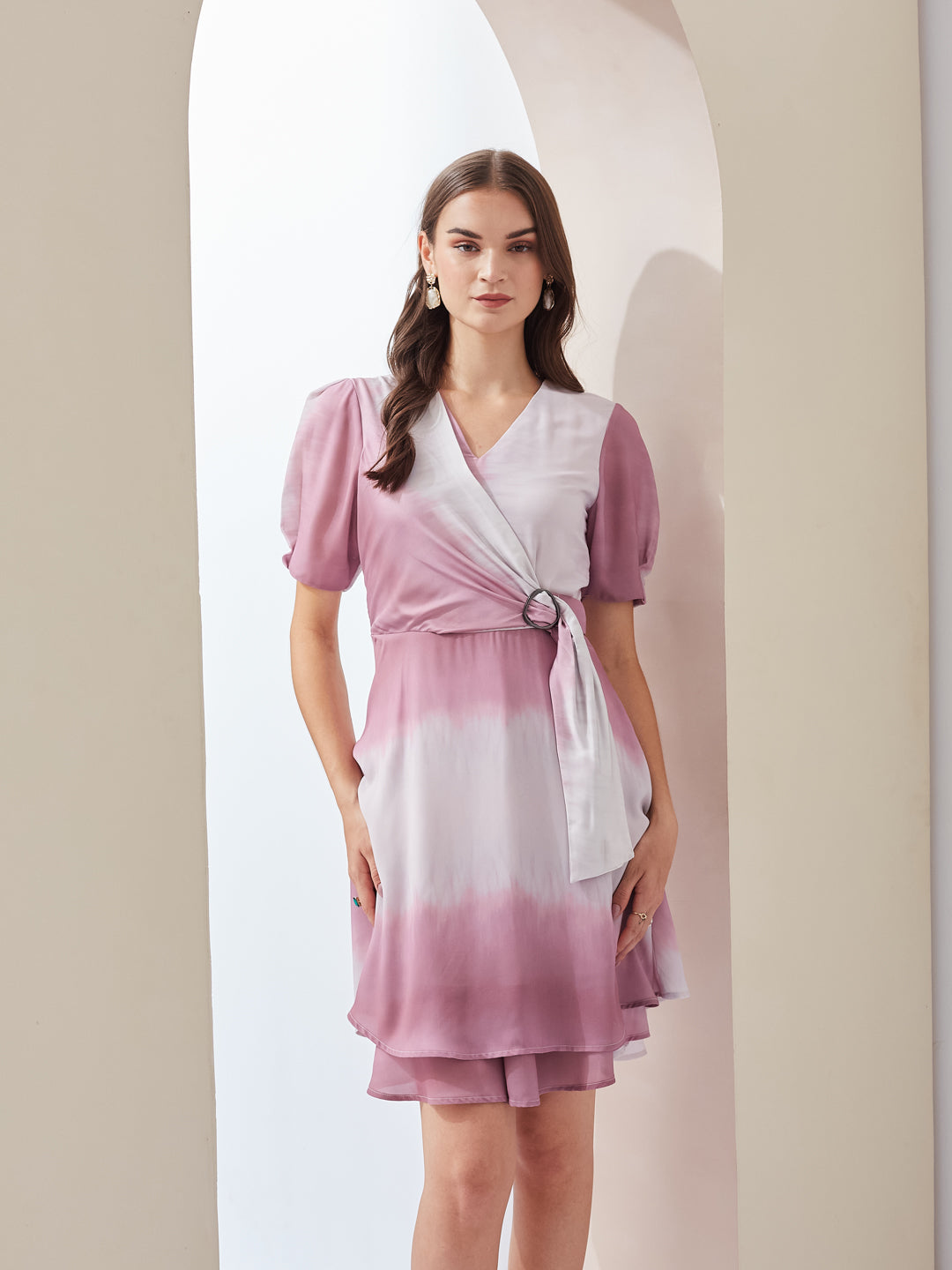 Latin Quarters Women Pink Tie-Dye V-Neck Short Sleeves Wrap Casual Mini Dress