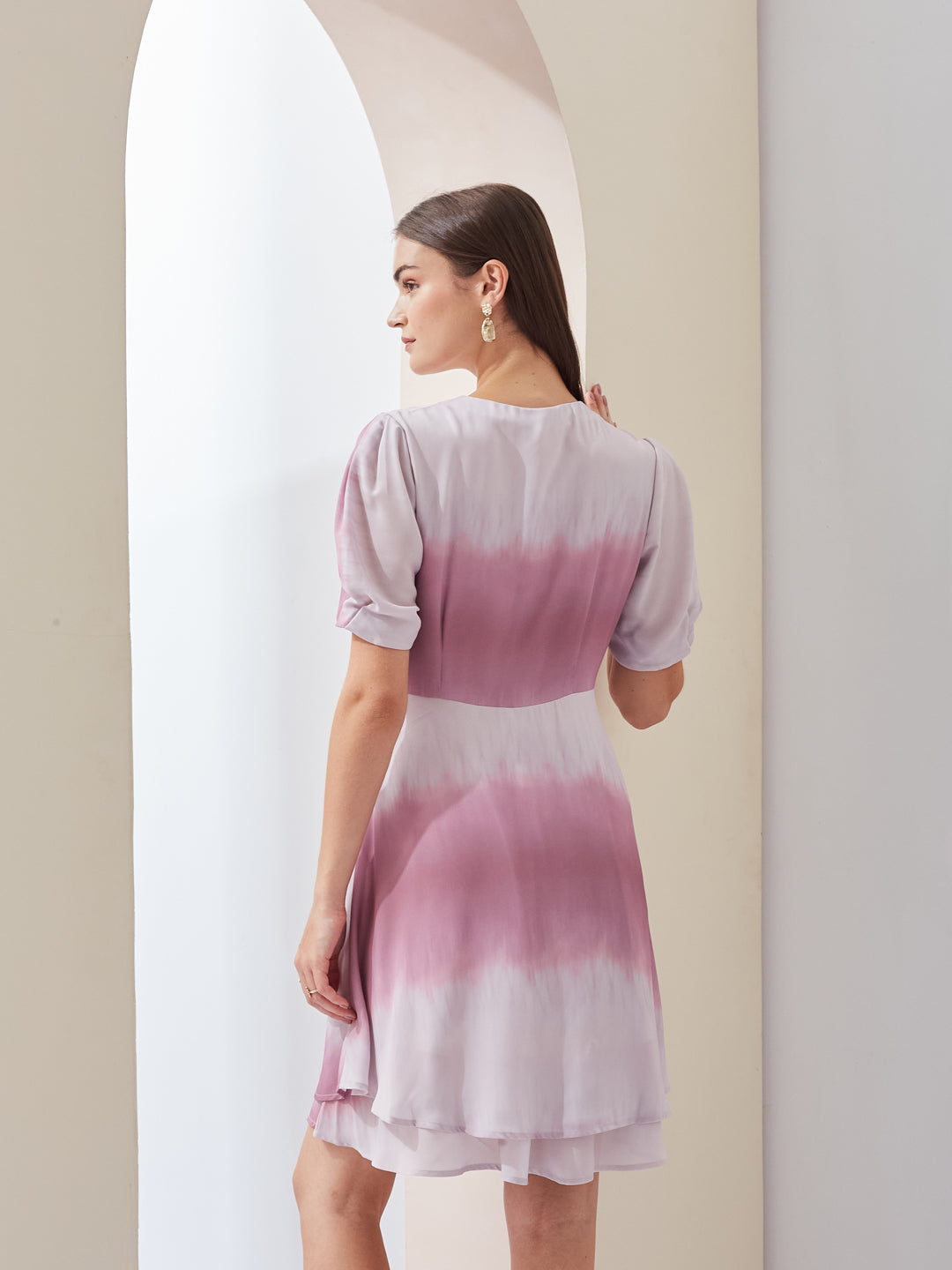 Latin Quarters Women Pink Tie-Dye V-Neck Short Sleeves Wrap Casual Mini Dress