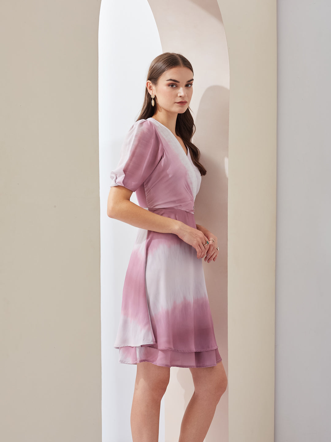 Latin Quarters Women Pink Tie-Dye V-Neck Short Sleeves Wrap Casual Mini Dress