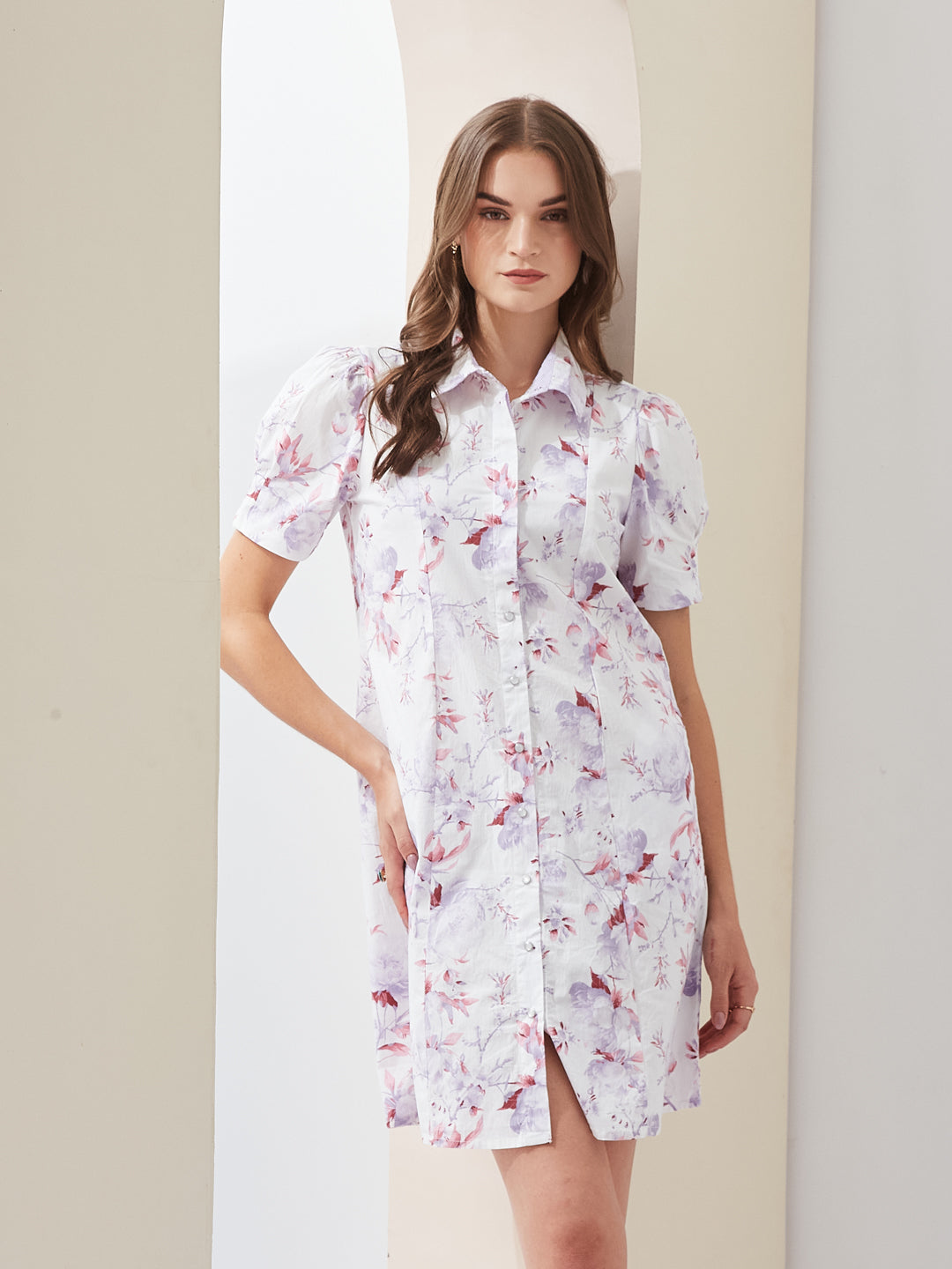 Latin Quarters Women White Floral Printed Collared Short Sleeves Casual Shirt Mini Dress